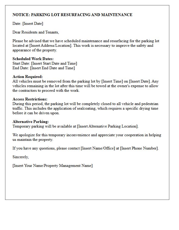 Parking Lot Resurfacing and Maintenance Letter