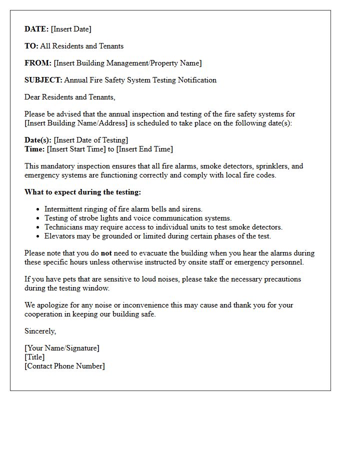 Annual Fire Safety System Testing Notification Letter