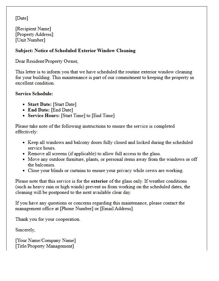 Exterior Window Cleaning Scheduled Maintenance Letter