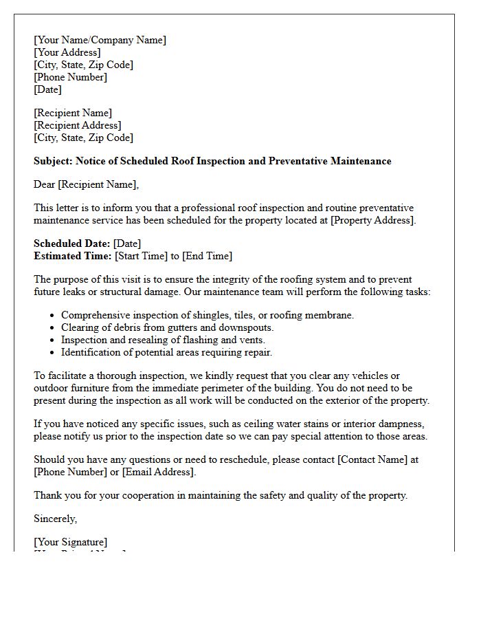 Roof Inspection and Preventative Maintenance Letter