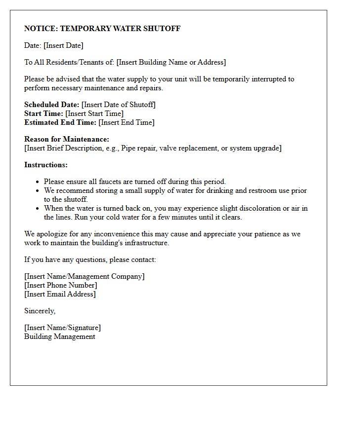 Temporary Water Shutoff and Maintenance Notice Letter