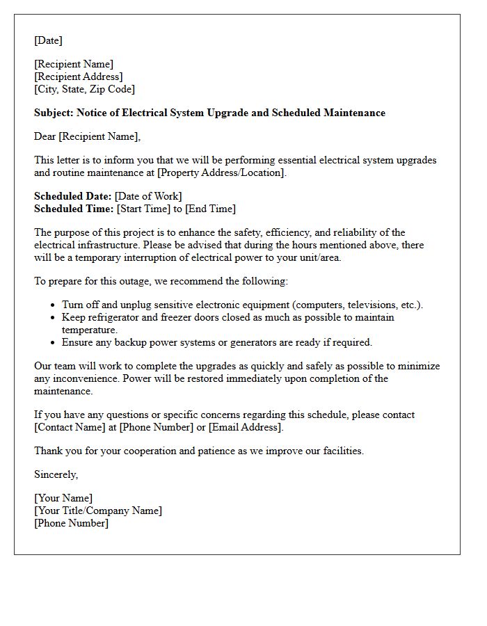 Electrical System Upgrade and Maintenance Letter