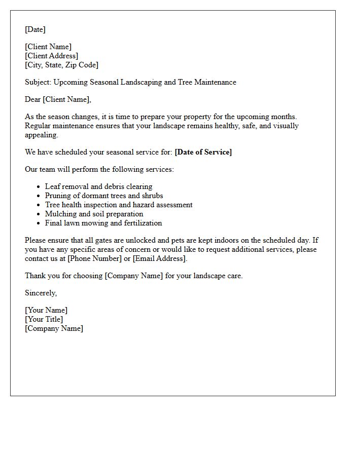Seasonal Landscaping and Tree Maintenance Letter