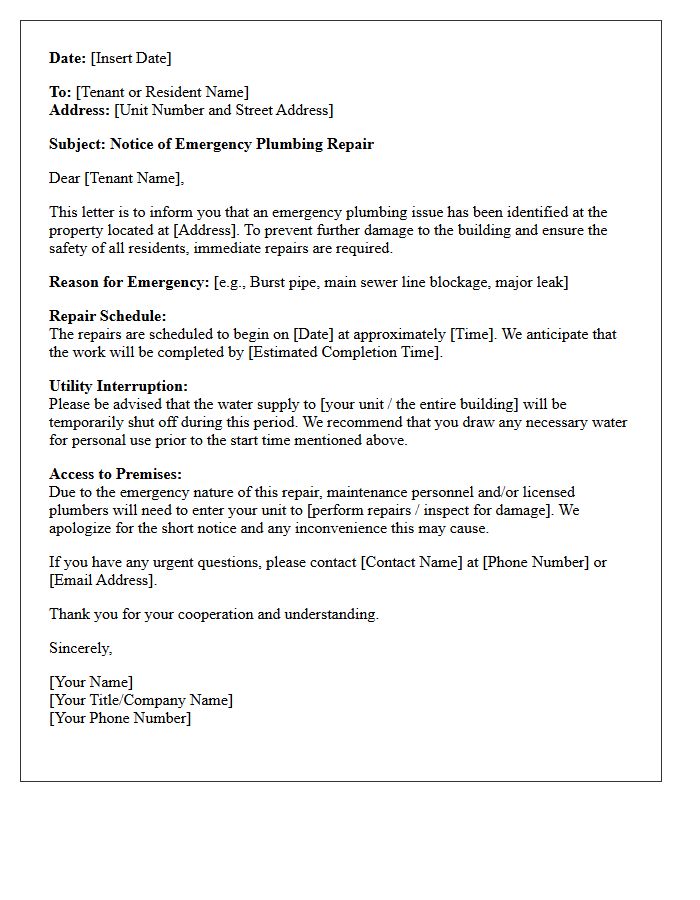 Plumbing Emergency Repair Notification Letter