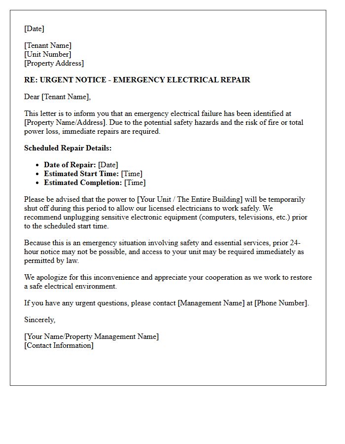 Electrical Failure Emergency Repair Notification Letter