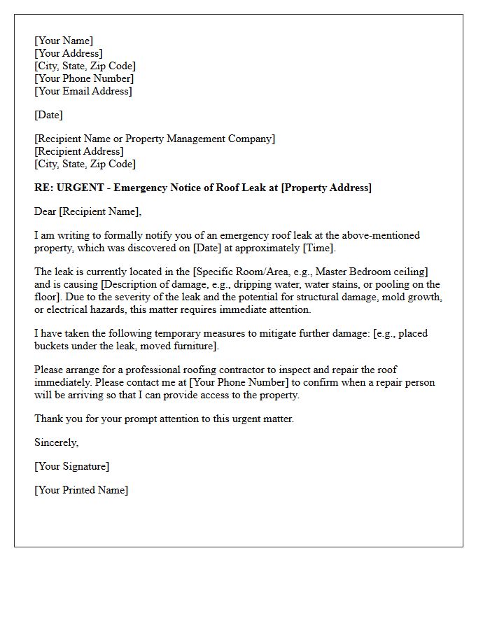 Roof Leak Emergency Repair Notification Letter