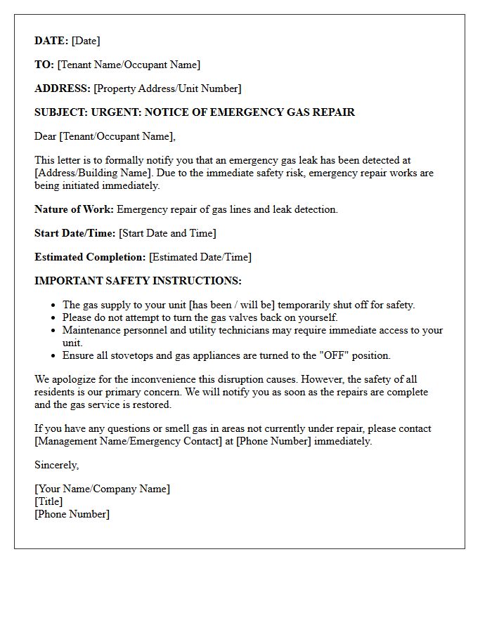 Gas Leak Emergency Repair Notification Letter