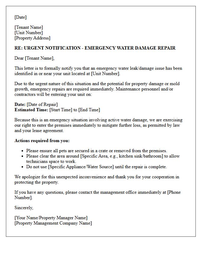 Water Damage Emergency Repair Notification Letter