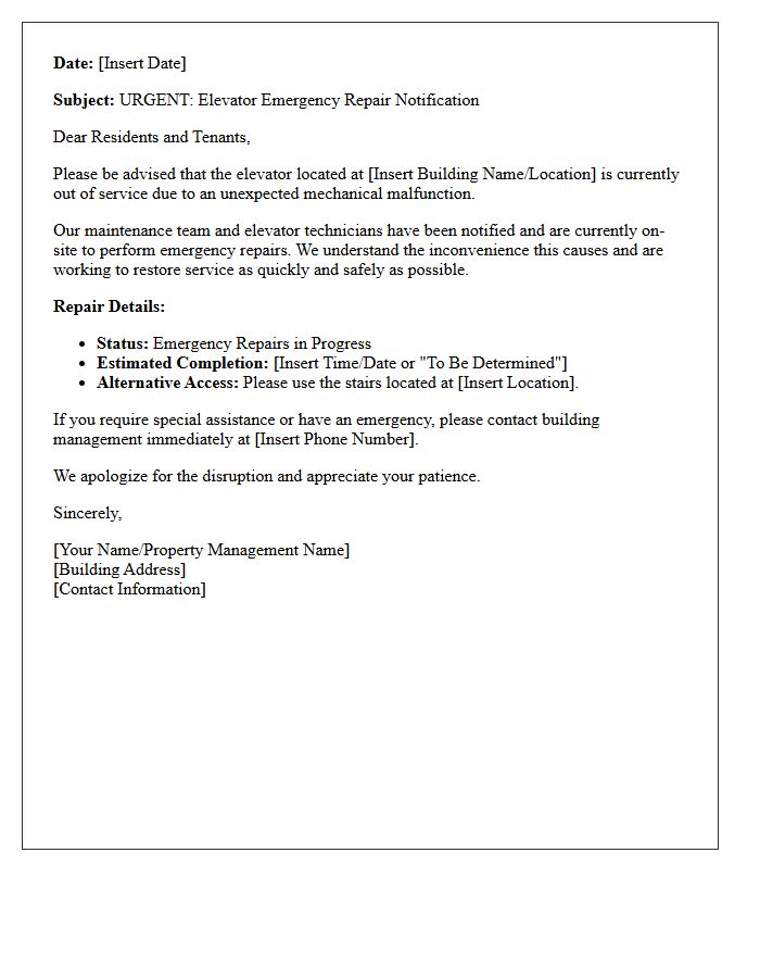 Elevator Malfunction Emergency Repair Notification Letter