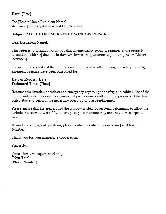 Broken Window Emergency Repair Notification Letter