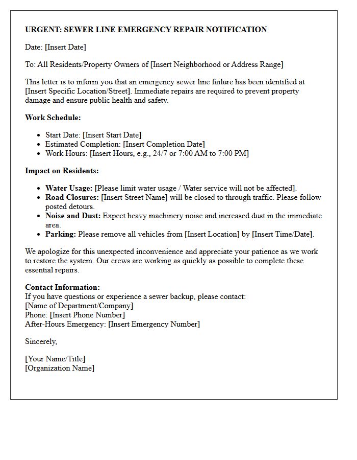Sewer Line Emergency Repair Notification Letter