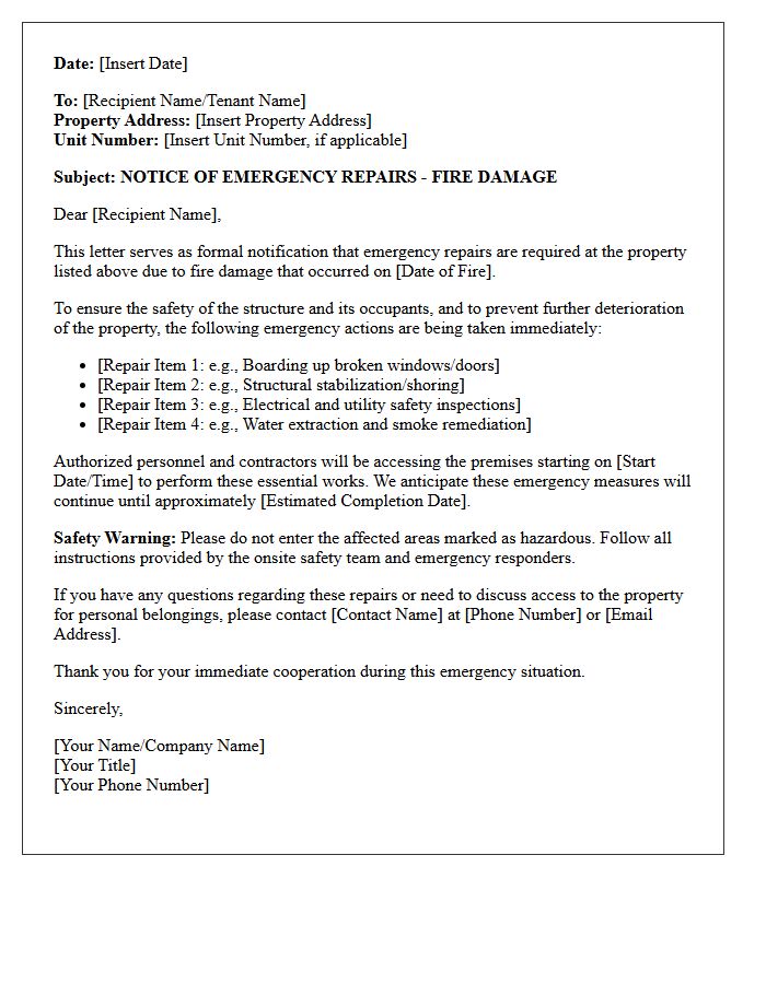Fire Damage Emergency Repair Notification Letter