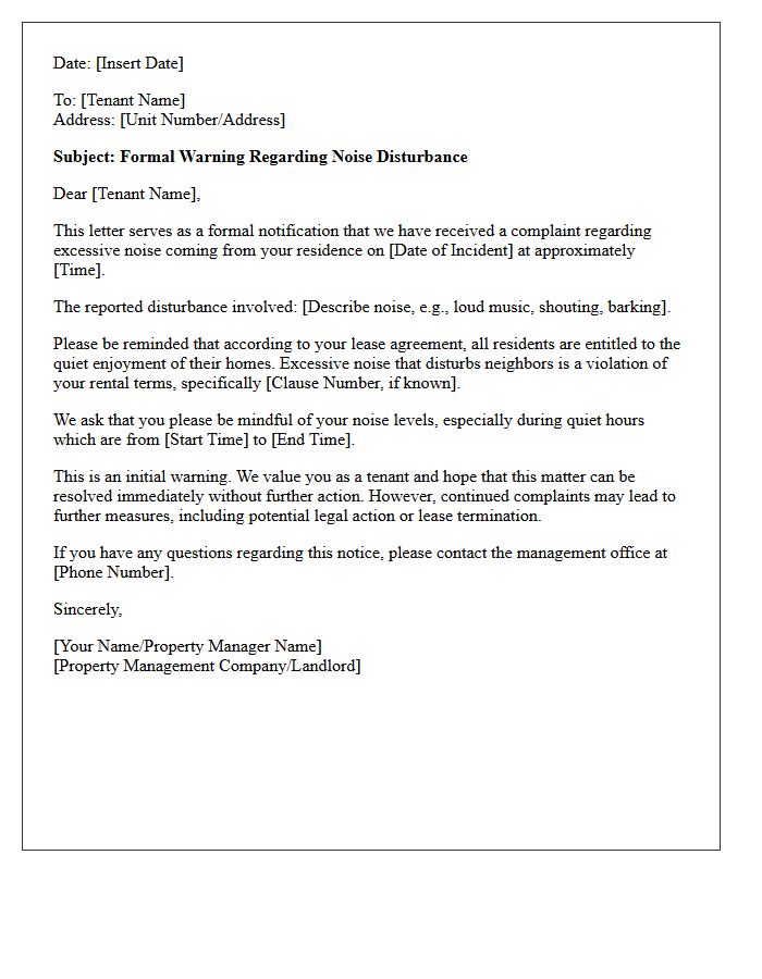 Initial Noise Complaint Warning Letter