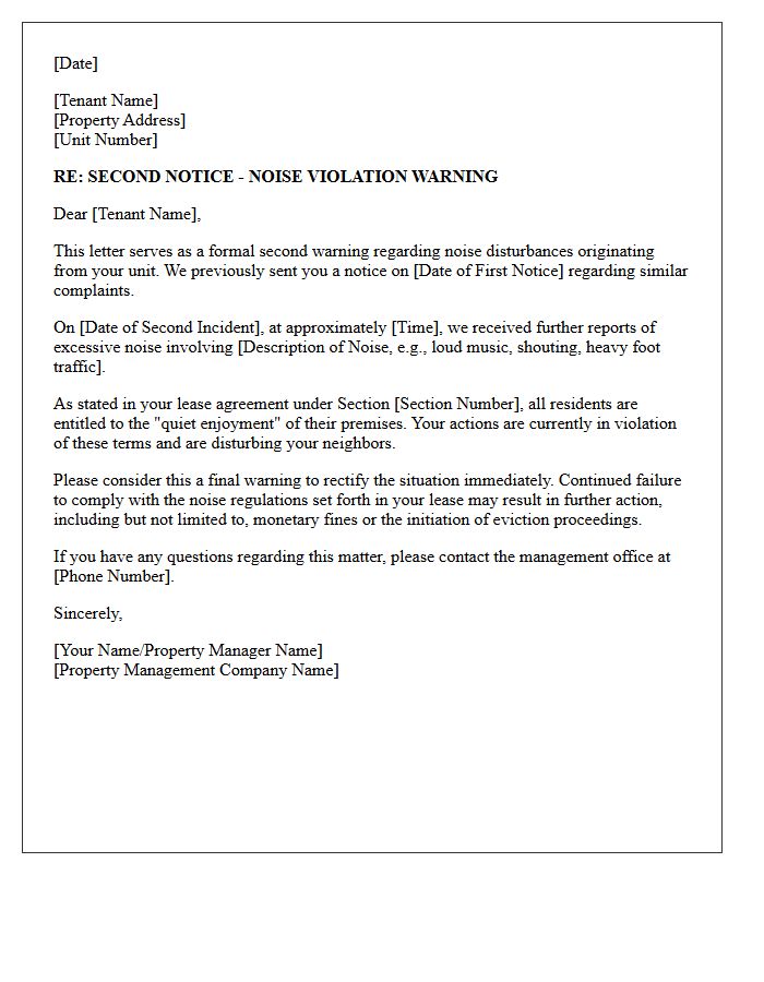 Second Notice Noise Violation Warning Letter