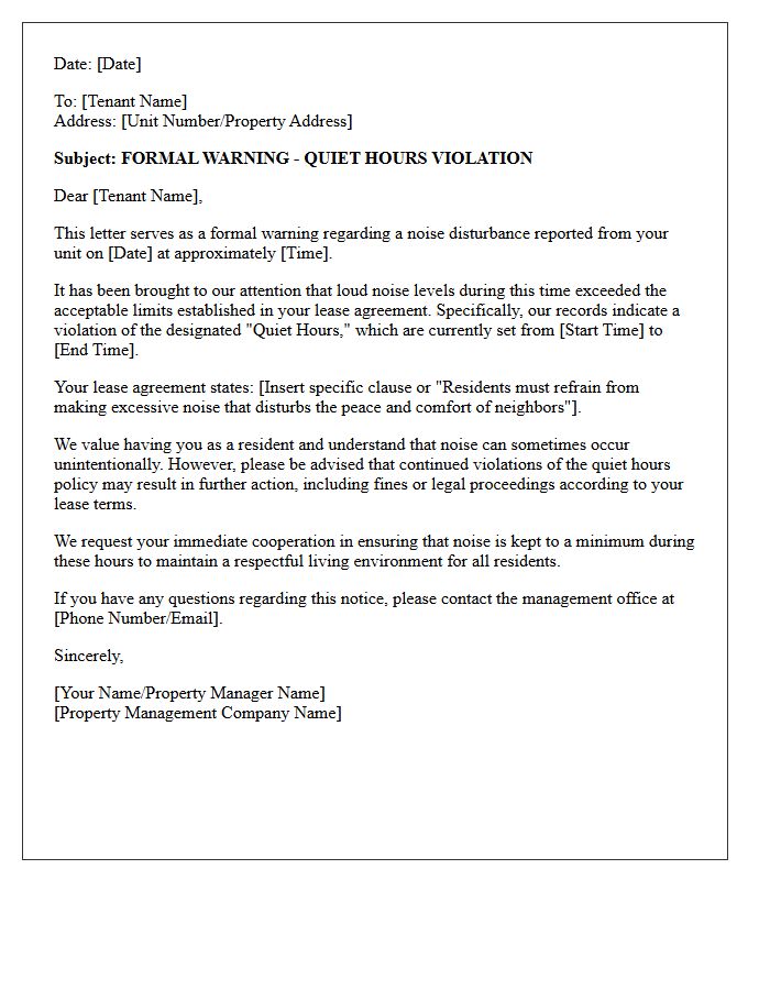 Quiet Hours Violation Noise Warning Letter