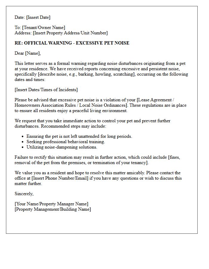 Excessive Pet Noise Complaint Warning Letter