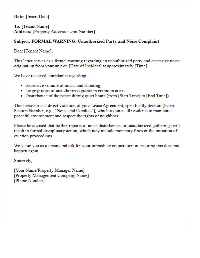 Unauthorized Party Noise Complaint Warning Letter