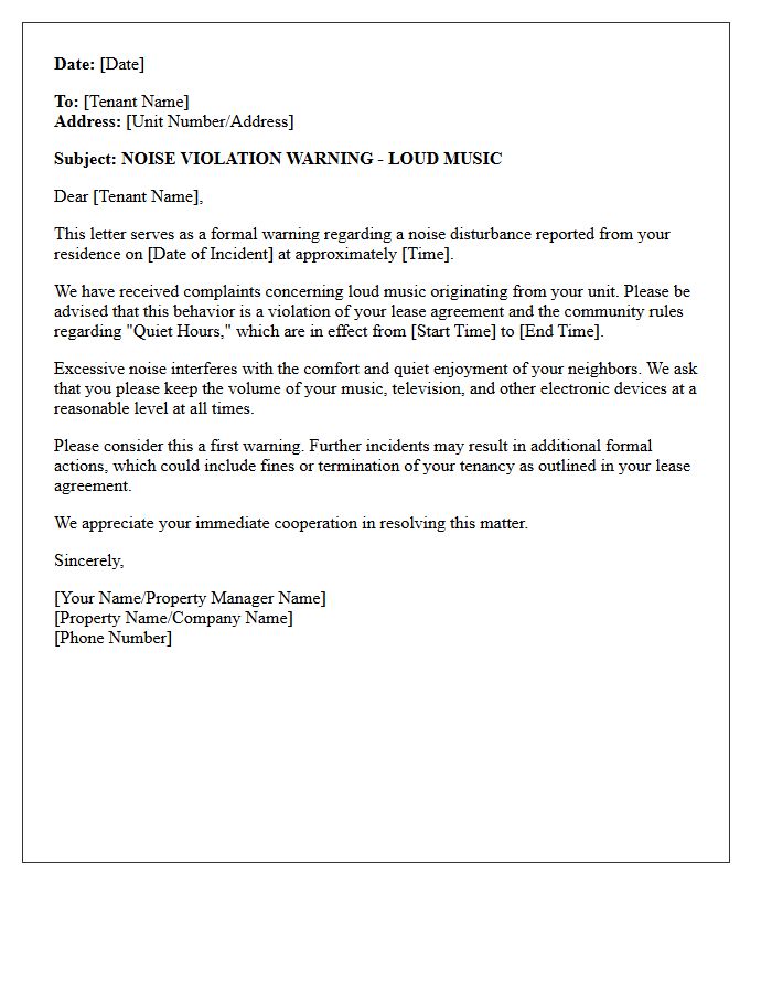 Loud Music Violation Noise Warning Letter