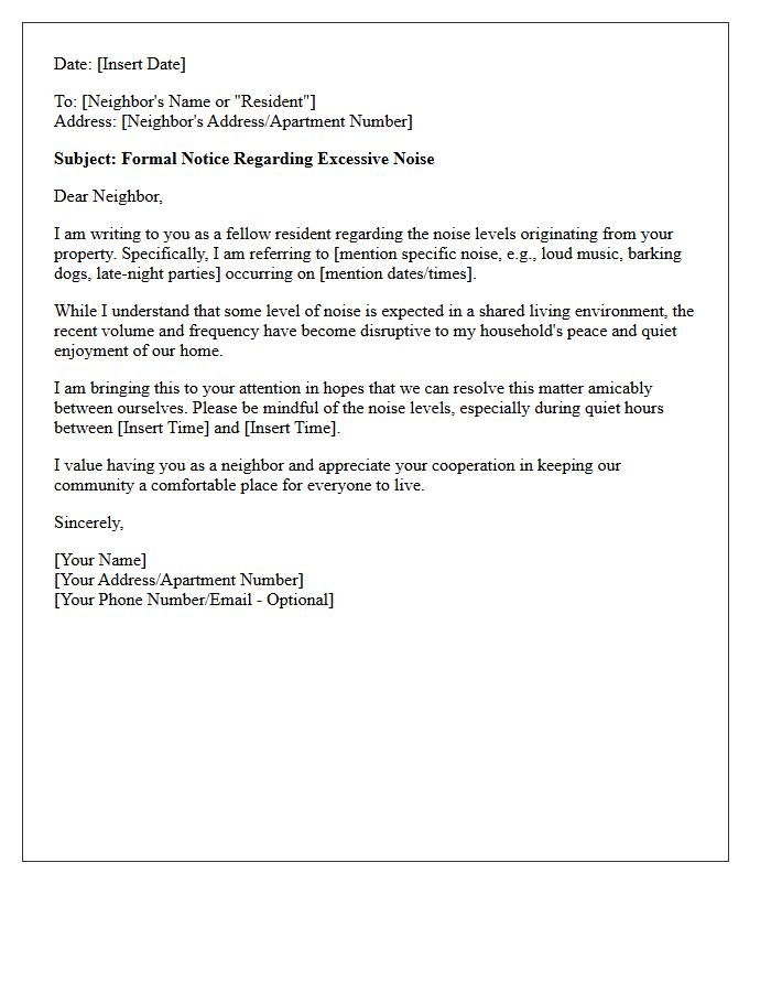 Residential Neighbor Noise Complaint Warning Letter