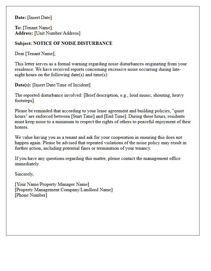 Late Night Disturbance Noise Warning Letter