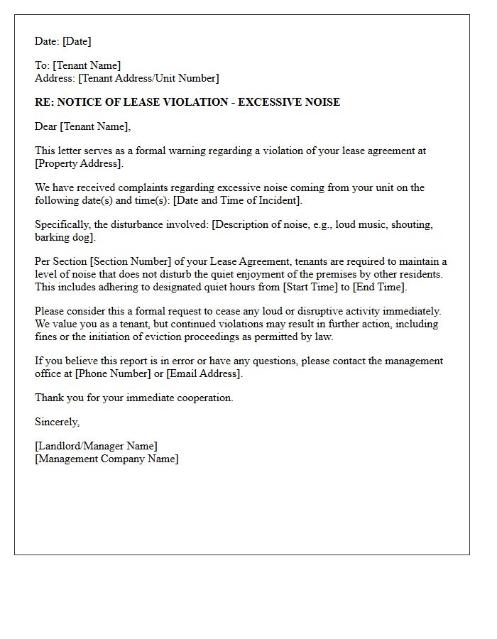 Lease Agreement Violation Noise Warning Letter