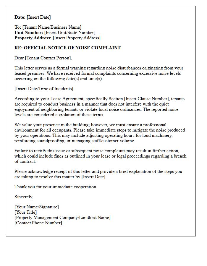 Commercial Tenant Noise Complaint Warning Letter