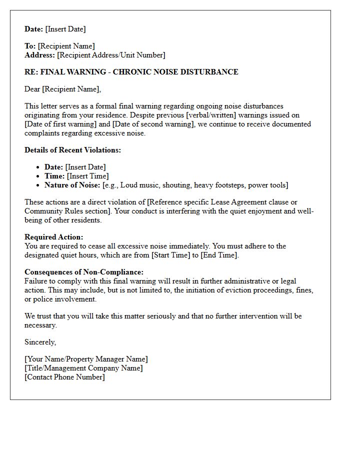 Chronic Noise Disturbance Final Warning Letter