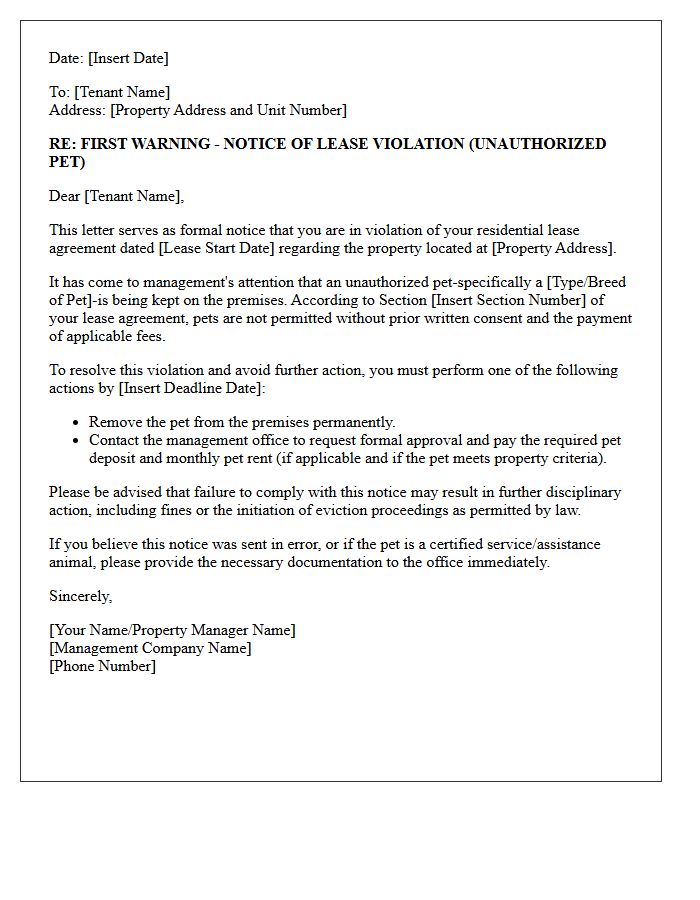 First Warning Letter for Unauthorized Pet Violation