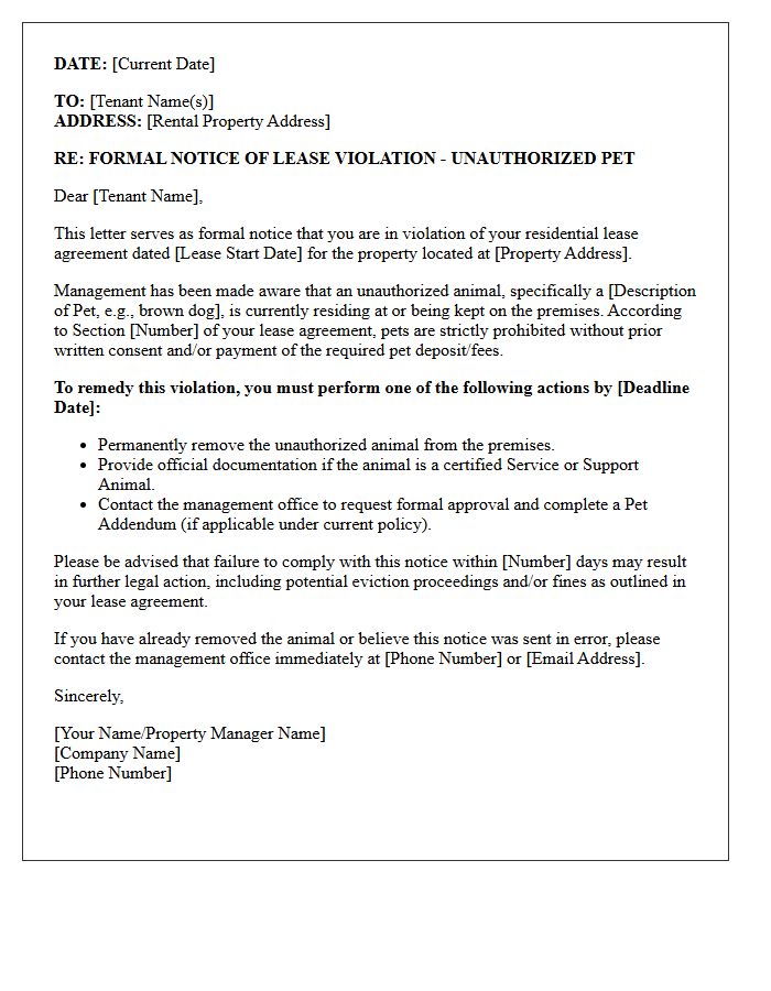 Formal Notice Letter Regarding Unauthorized Pet