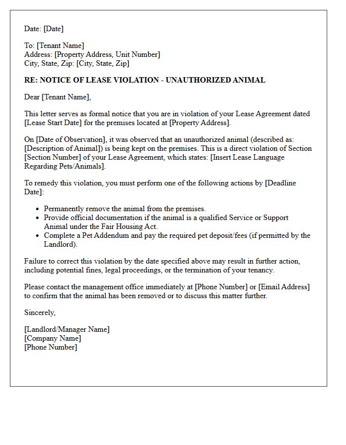 Lease Agreement Violation Letter for Unauthorized Animal