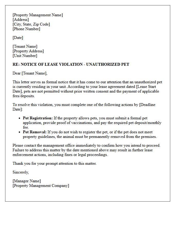 Property Management Letter for Unauthorized Pet Discovery