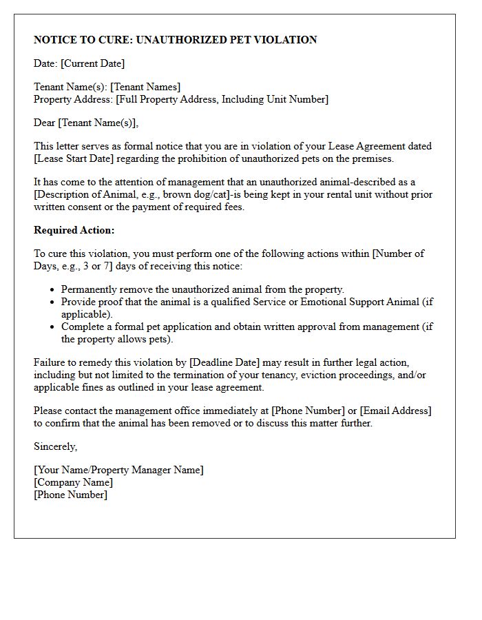Notice to Cure Unauthorized Pet Violation Letter
