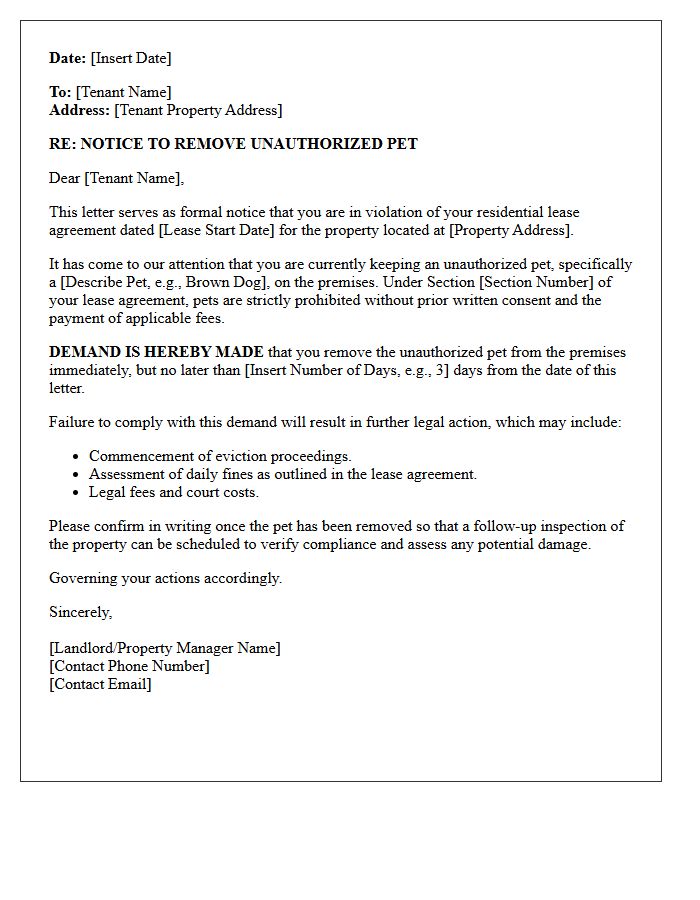 Demand Letter for Immediate Removal of Unauthorized Pet