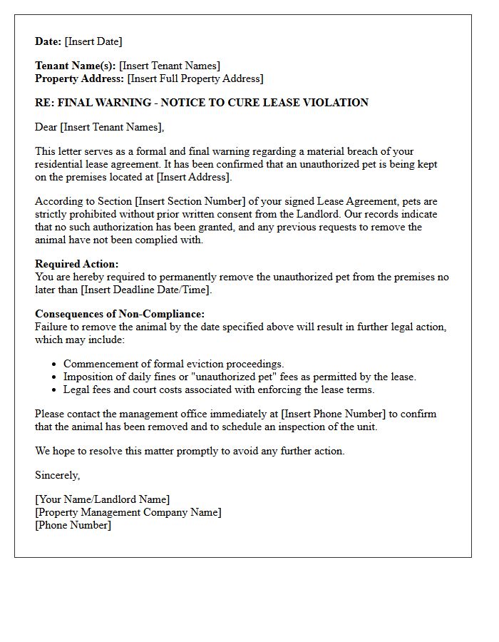 Final Warning Letter for Unauthorized Pet Lease Breach