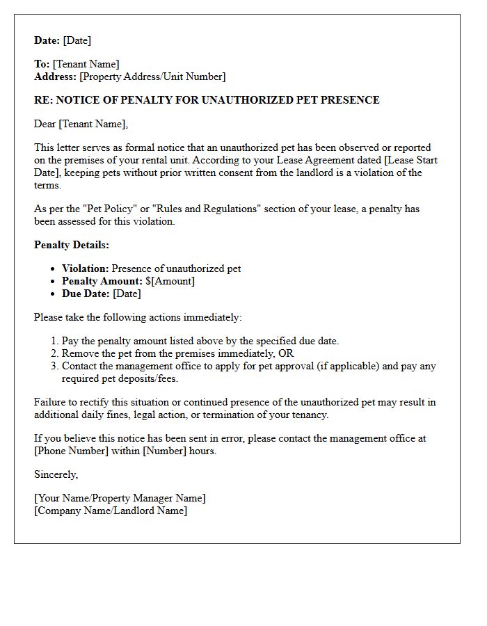 Notice of Penalty Letter for Unauthorized Pet Presence