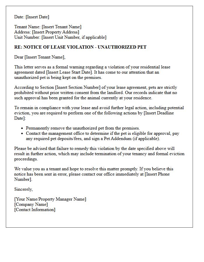 Tenant Eviction Warning Letter for Unauthorized Pet