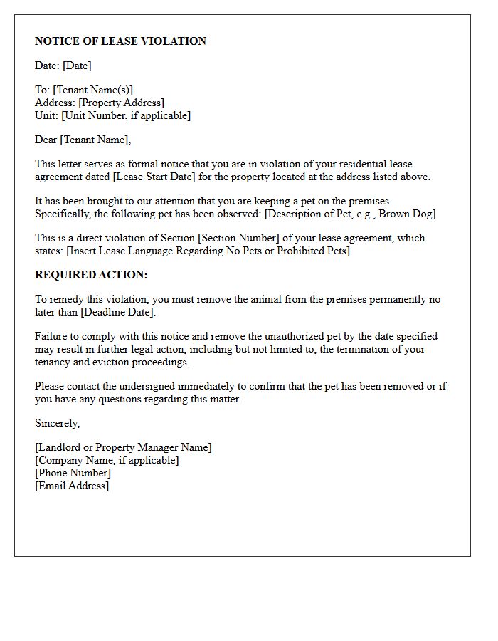 Landlord Violation Letter for Prohibited Pet on Premises