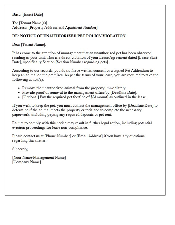 Unauthorized Pet Policy Enforcement Notice Letter