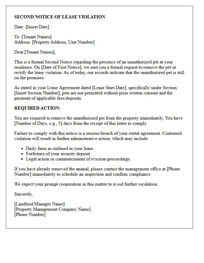 Second Notice Letter for Unauthorized Pet Violation