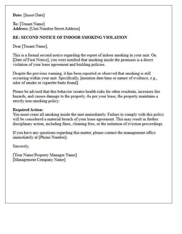 Second Notice Letter Regarding Indoor Smoking Violation