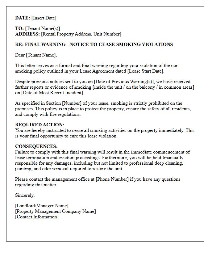 Final Warning Letter Before Lease Termination for Smoking