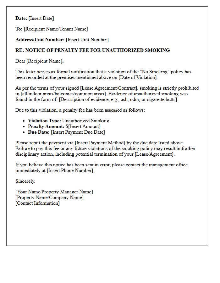 Notice Letter of Penalty Fee for Unauthorized Smoking
