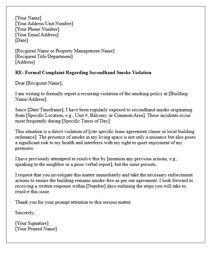 Formal Letter of Complaint Regarding Secondhand Smoke Violation