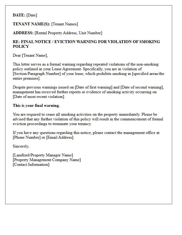 Eviction Warning Letter for Repeated Smoking Policy Violations