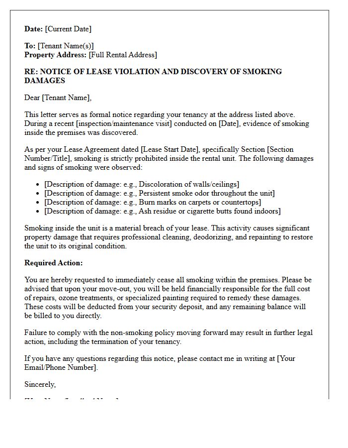 Landlord Notice Letter for Discovery of Smoking Damages
