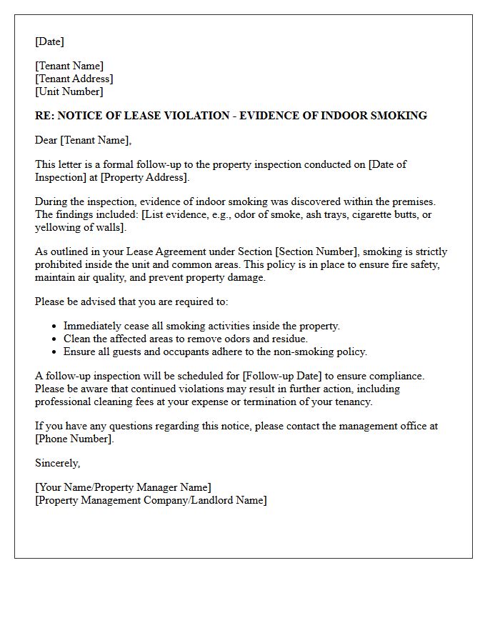 Letter of Inspection Follow-Up Regarding Indoor Smoking Evidence