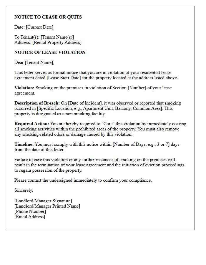 Cure or Quit Letter for Smoking Clause Violation
