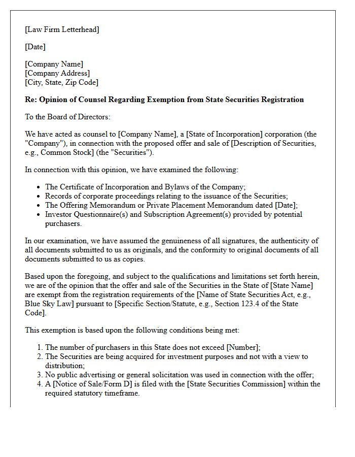 State Securities Exemption Opinion Letter