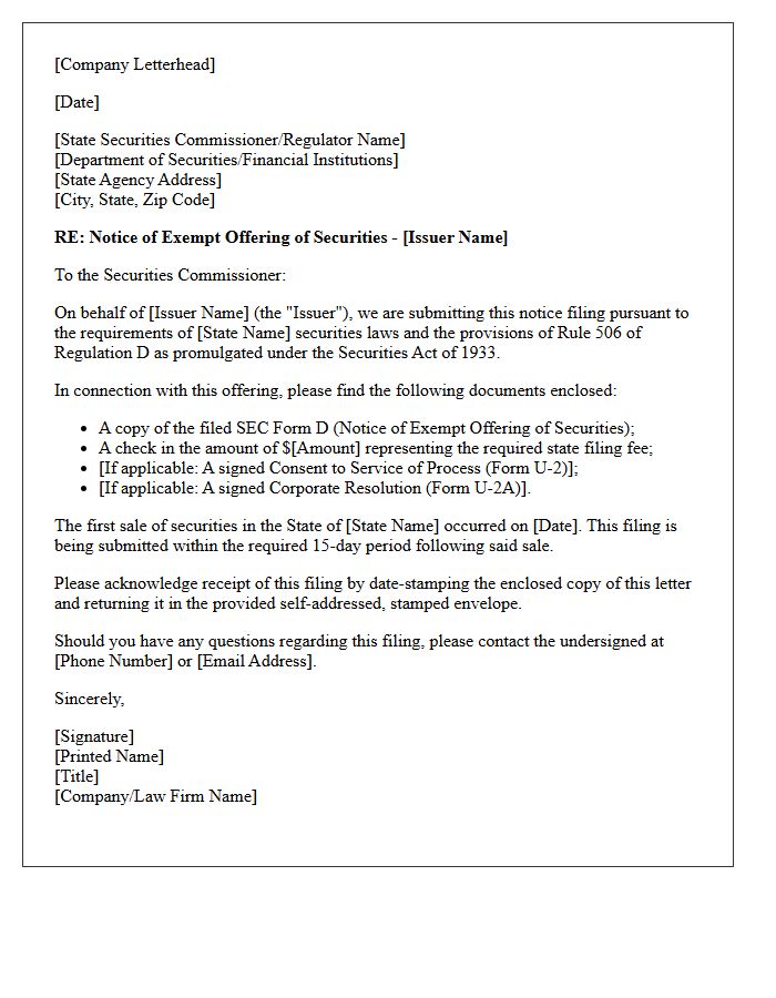 Regulation D Blue Sky Compliance Letter