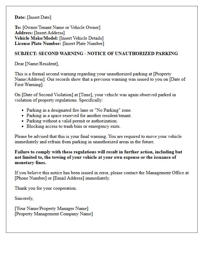 Second Warning Letter for Unauthorized Parking Notice